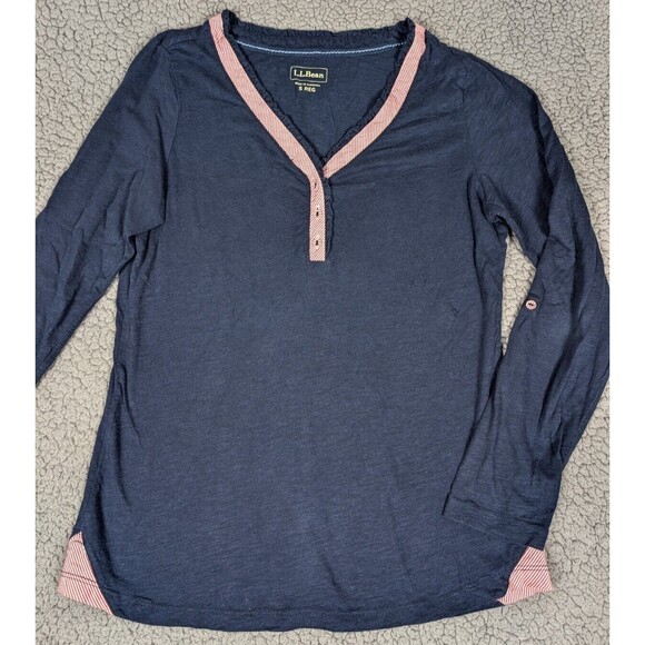 LL Bean Top Women S Reg Blue V-Neck Long Sleeve Roll Tab Red Trim - Picture 1 of 8